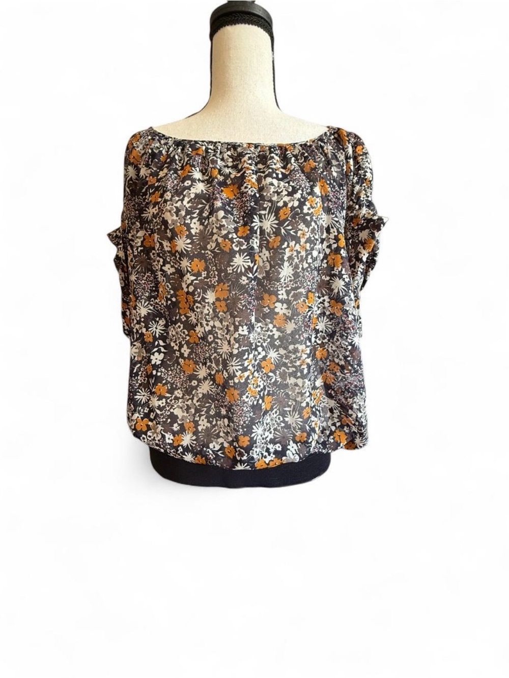 Allen B. Schwartz Black Floral Banded Blouse XL Autumncore